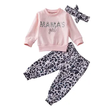 0-24 м Комплекты одежды для новорожденных девочек, 3 шт., толстовка с леопардовым принтом, топы + брюки + повязка на голову, осенние комплекты