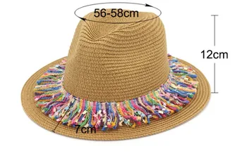 100 шт./лот, новая мода унисекс, яркая соломенная панама с кисточками для пляжа/соломенная шляпа-трильби от солнца 17