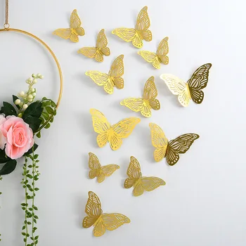 12шт настенных наклеек с 3D полой бабочкой из розового золота, Декоративная наклейка для дома, гостиной, спальни, детской стены, свадебного романтического декора 3