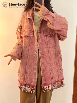 2023 Весенняя Женская Куртка в Корейском Стиле, Новый Стиль, Винтажная Свободная Милая Крутая Розовая Куртка в стиле Пэчворк, Vestidos, Джинсовое Пальто для Женщин 1