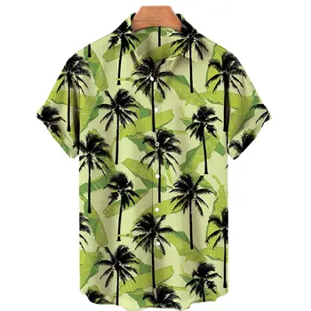 2023 Мужская и женская Гавайская свободная повседневная рубашка с принтом кокосовой пальмы и коротким рукавом Оверсайз, летний пляжный топ 10