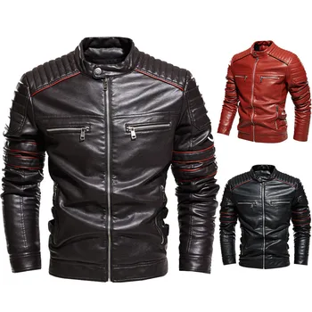 2023 Новая мужская кожаная куртка, британское пальто из искусственной кожи, универсальная, красивый трендовый костюм для мотоцикла со стоячим воротником и бархатной кожей 14