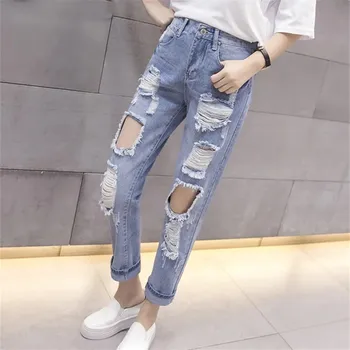 2023 Новые женские модные джинсы для бойфренда со средней талией и большими рваными дырами, повседневные джинсовые брюки для хай-стрит, женские джинсовые брюки-шаровары 10