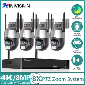 4K Двухобъективная 8MP Беспроводная Система Видеонаблюдения iCSee Двухстороннее Аудио 8-Кратный PTZ-Зум WIFI IP-Камера Безопасности 4-Канальный NVR Комплект Видеонаблюдения Kit 12
