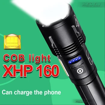 5000 ЛМ XHP160 Самый мощный светодиодный фонарик 18650 USB Перезаряжаемый фонарь Тактический фонарик высокой мощности Super COB Flash Lights