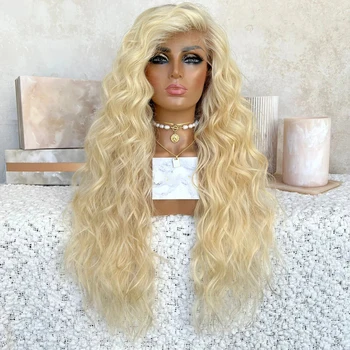 613 Светлый бесклеевой парик из синтетических волос на кружеве для женщин, высокотемпературное волокно, натуральная волна, косплей 5