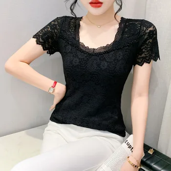 # 6384 Кружевная футболка Женская с квадратным воротником, короткая футболка с коротким рукавом, винтажные женские футболки, Черно-белая летняя футболка, приталенная