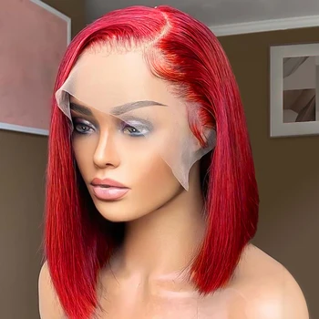 99J Красный кружевной парик с Т-образной частью, короткий парик из человеческих волос с бахромой для женщин, прямые парики Remy Hair Bob С челкой, кружевной парик спереди 1