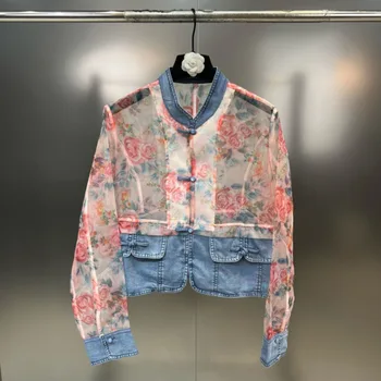 Absgd 2023 Весна-лето, новая коллекция, длинный рукав, воротник-стойка, органза, сетчатый принт, джинсовая солнцезащитная куртка в стиле пэчворк 12
