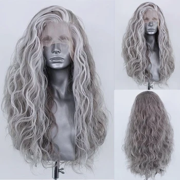 AIMEYA Свободный вьющийся синтетический парик на кружеве Спереди, Серебристый парик с белыми бликами, женский парик для ежедневного использования, парик для косплея на Хэллоуин. 13