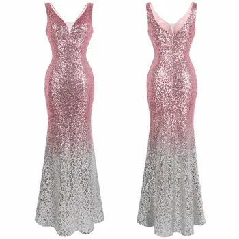 Angel-fashions/ Женские длинные платья Макси со светоотражающей сетчатой вставкой с двойным V-образным вырезом, блестящее вечернее платье с градиентными блестками 3