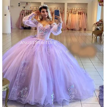 ANGELSBRIDEP Очаровательное Фиолетовое Бальное Платье С Пышными Рукавами, Пышные Платья Vestidos De 15 Años Quinceañeras С 3D Аппликациями 6