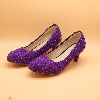 BaoYaFang Фиолетовые свадебные туфли в цветочек Женские Туфли на тонком каблуке с острым круглым носком для свадебной вечеринки, туфли большого размера 3