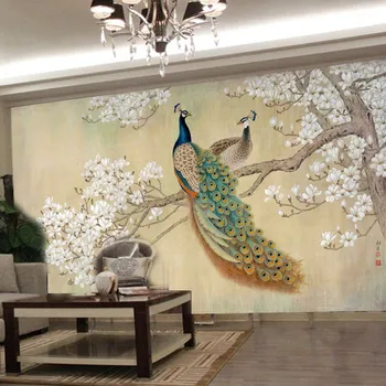 beibehang photo современная художественная живопись Китайская гостиная спальня ТВ фон птица Павлин Магнолия большие настенные обои 1