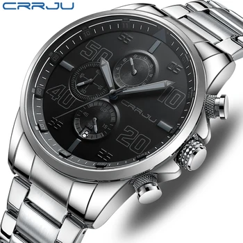 CRRJU Новые повседневные мужские спортивные часы с хронографом, наручные часы с ремешком из нержавеющей стали, кварцевые часы с большим циферблатом и автоматической датой 3