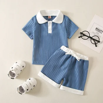 FOCUSNORM/ Комплекты одежды для джентльменов для маленьких мальчиков от 0 до 3 лет, 2 шт., синие Однотонные топы с отложным воротником и короткими рукавами + Шорты