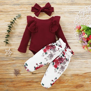 FOCUSNORM/ Комплекты одежды для маленьких девочек 0-18 м, 3 шт., трикотажный комбинезон с длинными рукавами и оборками + Длинные штаны с цветочным принтом + повязка на голову 9