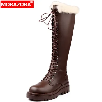 MORAZORA 2023, Размер 34-43, Новые женские ботинки из натуральной кожи с узкой полосой, Массивная обувь на молнии, Женские зимние сапоги до колена 8
