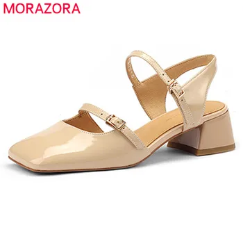 MORAZORA / Новинка 2022 года; босоножки из лакированной кожи; Женская обувь с квадратным носком и пряжкой на толстом каблуке; Модная повседневная обувь; Женские босоножки; 6
