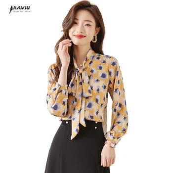 Naviu Высококачественная рубашка с галстуком-бабочкой, блузки с модным принтом, женские официальные топы с крупным цветочным рисунком, Офисная Женская рабочая одежда 4