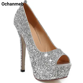 Ochanmeb/ Пикантные женские туфли-лодочки на очень тонком высоком каблуке-шпильке, расшитые блестками цвета: золотистый, серебристый, туфли с открытым носком, туфли-лодочки на массивной платформе для вечеринки 16