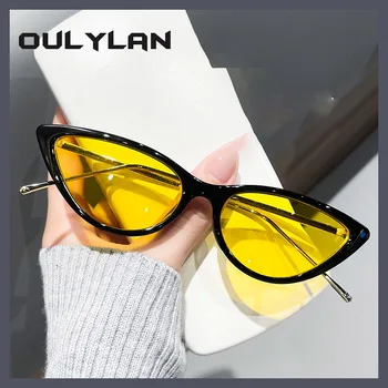 Oulylan Модные Маленькие солнцезащитные очки с кошачьим глазом, Женские Мужские Классические Металлические Солнцезащитные очки, Мужские очки для вождения, Черно-желтые очки оттенков UV400