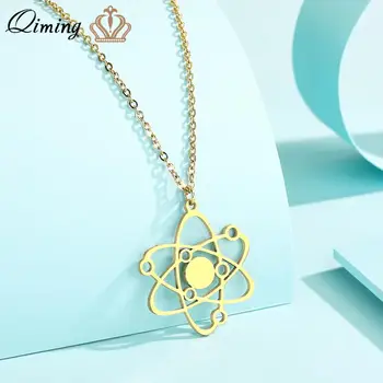 QIMING, ожерелье с подвеской в виде атома углерода из нержавеющей стали для женщин, ювелирные изделия по физике планеты, Греческое ожерелье в подарок 5