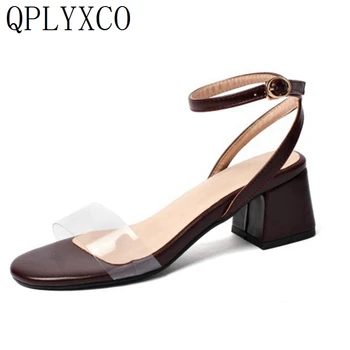 QPLYXCO, Размеры 31-44, 2019 г., Женские босоножки, Обувь В простом стиле, ПВХ, Прозрачные Босоножки с ремешками и пряжкой, Женская обувь на высоком каблуке A8 3