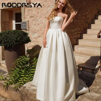 RODDRSYA Элегантное атласное свадебное платье без бретелек 2023, простое свадебное платье без рукавов трапециевидной формы, сексуальное платье невесты на молнии с открытой спиной 3