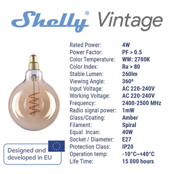 Shelly Vintage G125 2700K Smart Bulb Control RGB Умная Лампочка с Регулируемой Яркостью E27 WiFi LED Magic Lamp AC 220 ~ 240V Работает с 4
