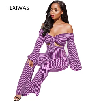 TEXIWAS Модные женские сексуальные с открытыми плечами укороченный, шнуровка верх + широкие брюки в полоску наборы офисной тонкий элегантный повседневный 2 шт костюмы 10