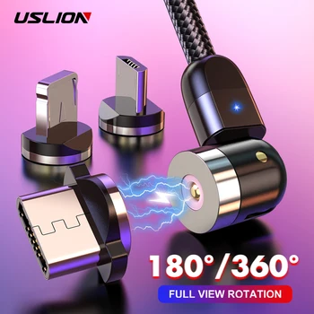 USLION Магнитный USB-кабель Быстрая Зарядка Кабель Type C Магнитная Зарядка Micro USB-Кабель USB-Шнур Для Мобильного Телефона 540 Вращающийся Провод Черный 15