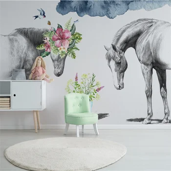 wellyu Настроил большую фреску, креативные цветы в скандинавском стиле, черно-белые обои для пары, лошадь, обои для телевизора 4