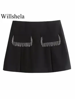Willshela Женская мода С кисточкой Черные Однотонные Юбки на молнии сбоку Шорты Винтажные женские Шикарные шорты с высокой талией 12