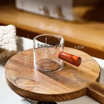 zq Кофейная чашка Стеклянная со шкалой для приготовления эспрессо Мерный стакан с деревянной ручкой Молочный стакан 9