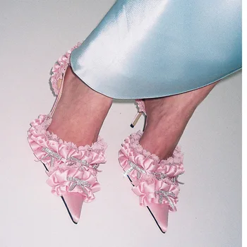 Атласные ОБОРКИ, цветочные кристаллы, Женские туфли-лодочки с острым носком, свадебные туфли для вечеринок, сексуальные босоножки-шлепанцы на высоком каблуке-шпильке 5