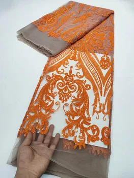 Африканская кружевная ткань из французского тюля с тяжелыми бусинами и пайетками 2023, высококачественная Нигерийская сетчатая кружевная ткань для пошива Женских свадебных платьев 3