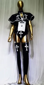 Бар сексуальная женщина gogo черный лакированный костюм монахини с крестом танцевальная команда вечеринка cos