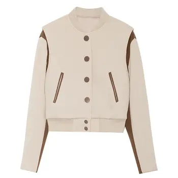Бейсбольная куртка для женщин весной 2023 года, новый дизайн с мелким рисунком, короткий топ контрастного цвета, модные темпераментные пальто 3