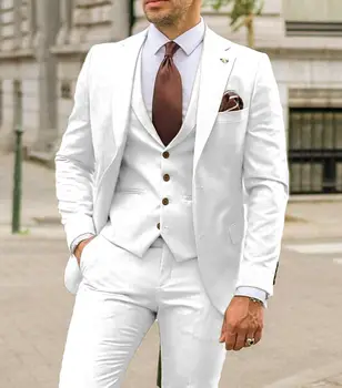 Белые мужские костюмы с вырезами на лацканах, Приталенный деловой формальный комплект из 3 предметов Для мужского ужина, смокинги для жениха, выпускного вечера, Свадебная одежда для гостей 17