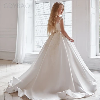 Белые свадебные платья для девочек в цветочек, тюлевые аппликации длиной до пола, Короткие рукава, вечерние платья для первого причастия. 5