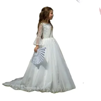Белый кружевной топ, платья с цветочным узором для девочек, свадебные платья на открытом воздухе 2023, платья с длинными рукавами-фонариками, платья для девочек с шлейфом, праздничные платья для девочек 3