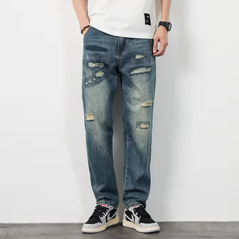 Бесплатная доставка 2023, новые летние мужские джинсы со средней талией и прямыми штанинами, изношенные модные облегающие повседневные 1