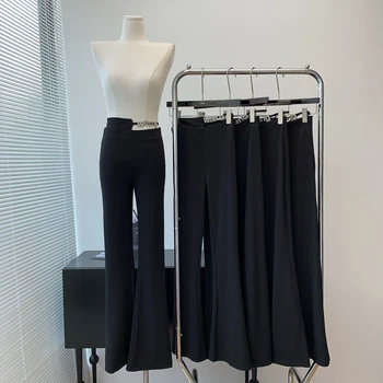 Брюки с полым поперечным ремешком и микро-клапаном, женские летние Черные брюки с разрезом и высокой талией 5