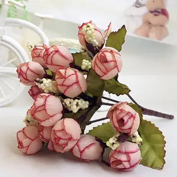 Букет сладких искусственных цветов, 15 головок, домашний свадебный декор из искусственной розы из ткани 6