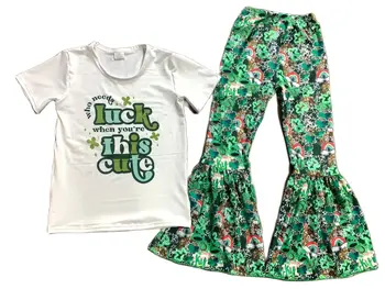 Бутик летней детской одежды для девочек, Ярко-зеленый топ с растительным принтом и короткими рукавами, костюм с расклешенными брюками 13