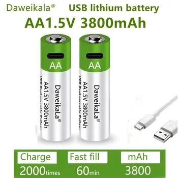 Быстрая зарядка литий-ионного аккумулятора 1,5 В типа АА емкостью 3800 мАч и перезаряжаемого через USB литиевого аккумулятора USB для игрушечной клавиатуры 5