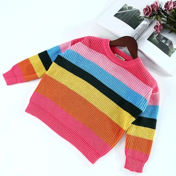 Весенне-осенние свитера для маленьких девочек в полоску с радугой, вязаные пуловеры с длинными рукавами, детские свитера с круглым вырезом, Одежда LZ655 5