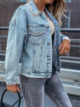 Весенне-осенняя джинсовая куртка, женская свободная Корейская джинсовая повседневная верхняя одежда, пальто с отложным воротником с буквенным принтом в виде бриллиантов и дырочек 7