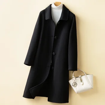 Весенне-Осенняя Модная Свободная Длинная Двусторонняя кашемировая шерстяная куртка, пальто, Женское Красное Черное Темно-синее шерстяное пальто с длинным рукавом, женское 15